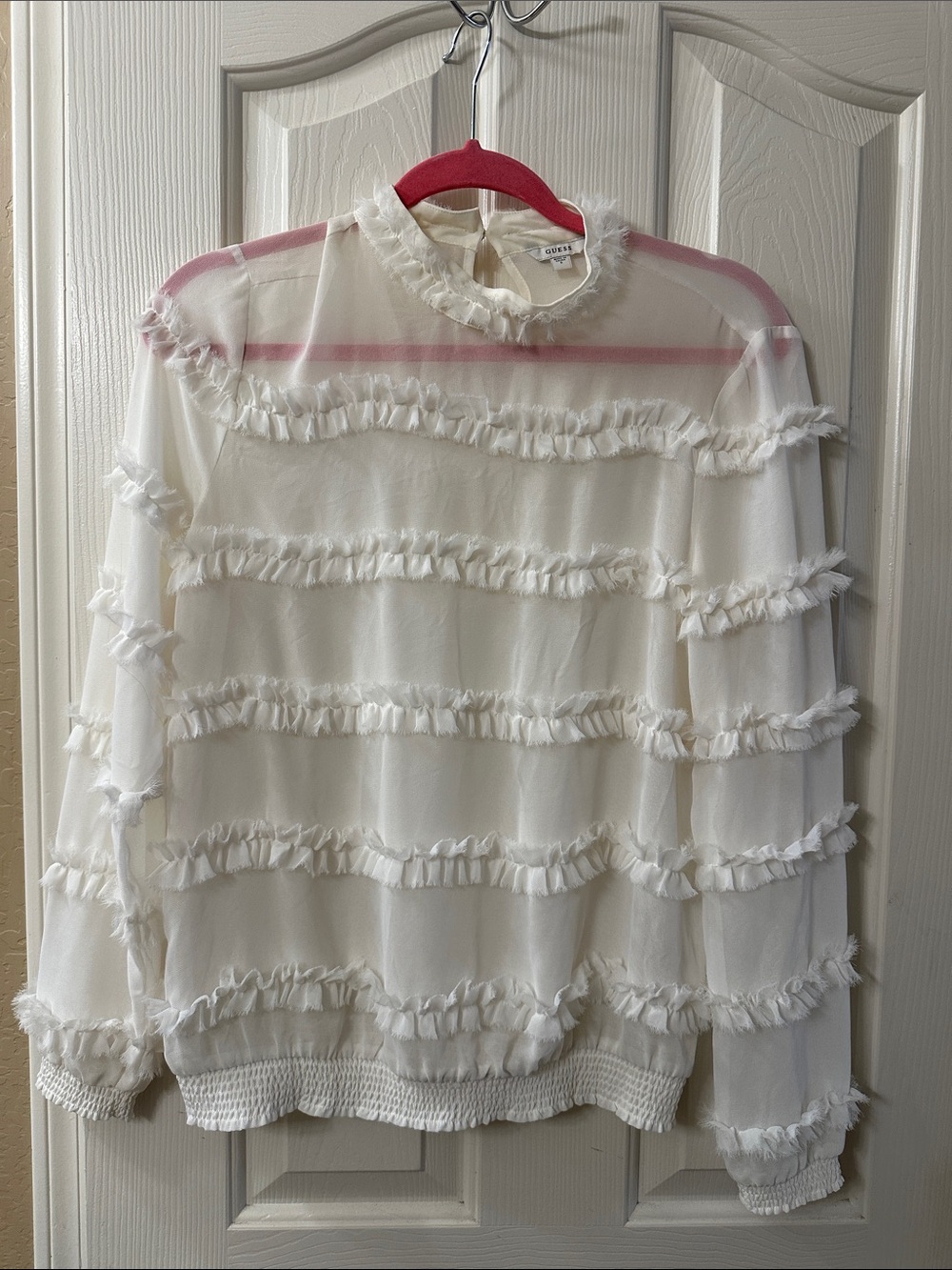 Guess White Sheer Ruffle Blouse